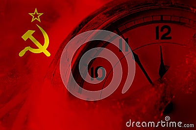 USSR, Soviet, Russia, Russian, Communism flag with clock close to midnight in the background. Happy New Year concept Stock Photo
