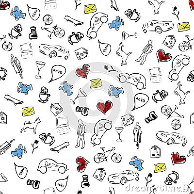 Usual life sketch seamless pattern Vector Illustration