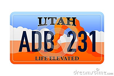 Utah s Car number in the United States of America. Marking of car license plates. Realistic car registration plate Vector Illustration