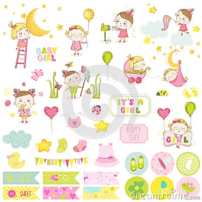 Ð¡ute Baby Girl Scrapbook Set. Vector Scrapbooking Vector Illustration