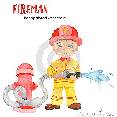 Watercolor cute cartoon firefighter boy and fire hose Cartoon Illustration