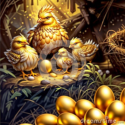 ?ute cartoon illustration of a easter chickens in a garden. Hen with chicks and a golden egg in the nest. Cartoon Illustration