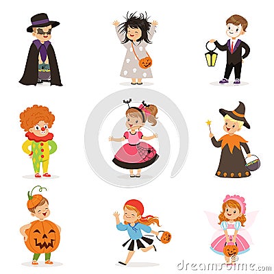 Ute happy little kids in different colorful halloween costumes set, Halloween children trick or treating vector Vector Illustration