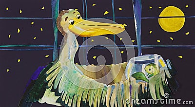 Watercolor illustration with pelican and fish Cartoon Illustration