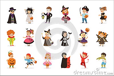 Ute little kids in colorful halloween costumes set, Halloween children trick or treating vector Illustrations Vector Illustration