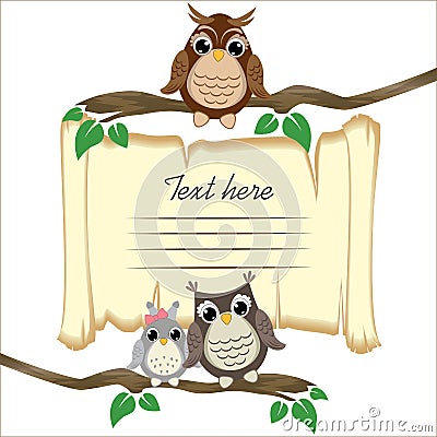 Ð¡ute owls on a branch on the old scroll background with space for text Vector Illustration