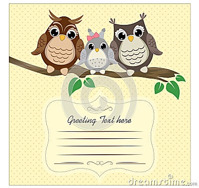 Ð¡ute owls on a tree branch with space for text. Vector Illustration