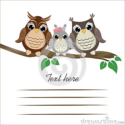 Ð¡ute owls on a tree branch with space for text. Vector Illustration