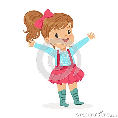 ute smiling little girl dressed in a pink skirt and bow colorful cartoon character vector Illustration Vector Illustration