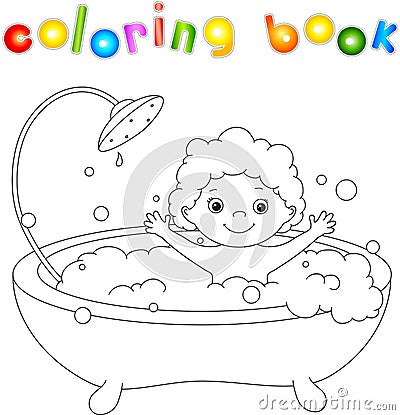 Ð¡ute toddler bathing in the bath with foam and laughing. Coloring book Vector Illustration