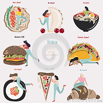 Big cute vector gastronomic set with world dishes Stock Photo