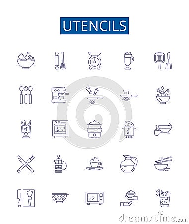 Utencils line icons signs set. Design collection of Utensils, cutlery, dishes, pots, pans, knives, forks, spoons outline Vector Illustration