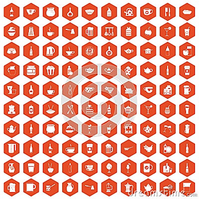 100 utensil icons hexagon orange Vector Illustration