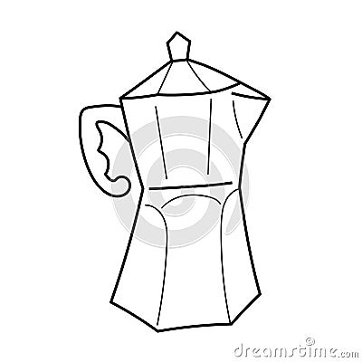 Utensil for preparing coffee, vector isolated line art, linear illustration of italian moka pot. Vector Illustration