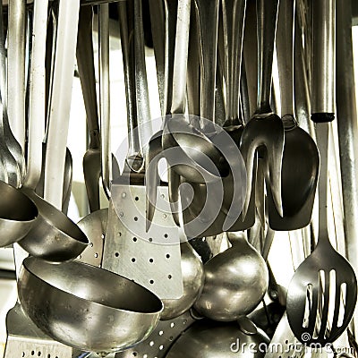 Utensils in a hotel kitchen Stock Photo