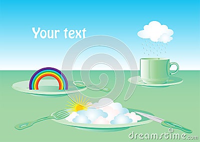 Utensils, rain, rainbow and Sunny sky Vector Illustration