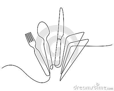utensils set and napkin in continuous line drawing style Vector Illustration