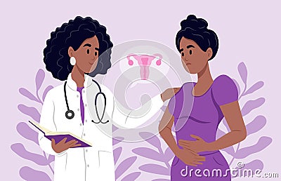 Uterine Fibroids symptoms, diagnostic and treatment. A black family doctor is talking to a patient with uterine fibroids Vector Illustration