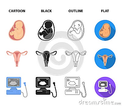 Uterus, apparatus of ultrasound, fertilization. Pregnancy set collection icons in cartoon,black,outline,flat style Vector Illustration