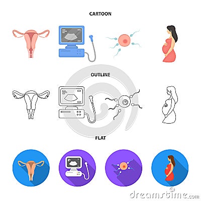 Uterus, apparatus of ultrasound, fertilization. Pregnancy set collection icons in cartoon,outline,flat style vector Vector Illustration