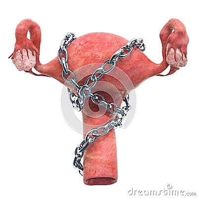 Uterus disease concept. Human uterus with chain. 3D rendering Stock Photo