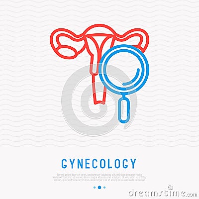 Uterus with magnifier thin line icon Vector Illustration