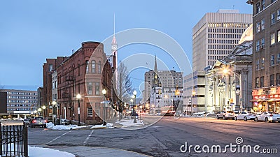 UTICA, NY, USA - NOV 21, 2019: Historic Building in Lower Genesee Street Historic District in downtown Utica, New York State, USA Editorial Stock Photo