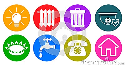 Utilities icons in flat style: water, gas, lighting, heating, phone, waste, security â€“ vector Vector Illustration