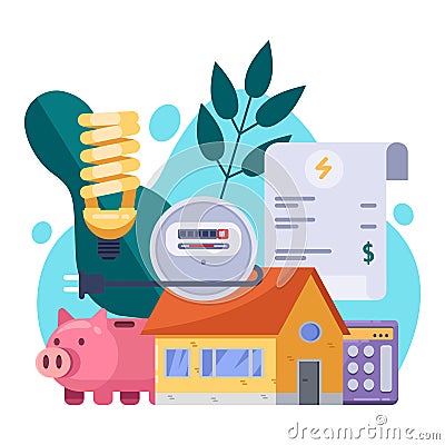 Utility bills and saving resources concept. Vector flat illustration. Electricity invoice payment Vector Illustration