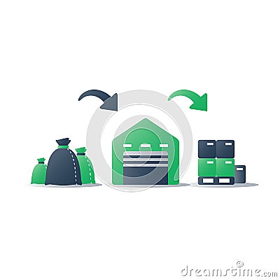 Utilization program, rubbish recycling plant, recyclable materials, secondary product, non waste production industry, garbage bags Vector Illustration