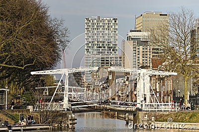 Utrecht canal, highrise and drawbridge Editorial Stock Photo