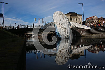 Utrecht, the Netherlands, February 24 - 2019, Whale made of plastic waste in the canal against pollution Editorial Stock Photo