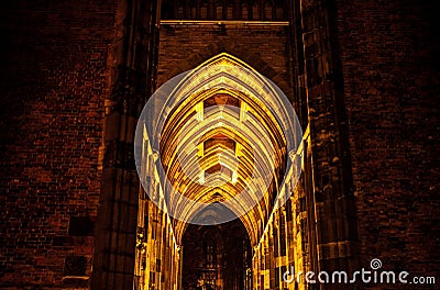 UTRECHT, NETHERLANDS - OCTOBER 18: Ancient European church with night-time lighting. Utrecht - Holland Stock Photo