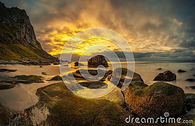 Uttakleiv beach in Norway at sunset Stock Photo