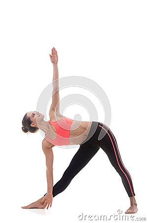 Utthita trikonasana (extended triangle pose) Stock Photo