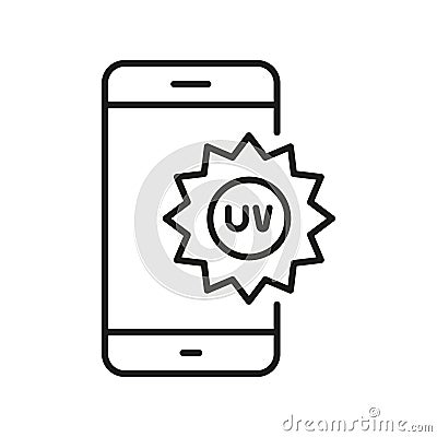 UV Index Level Mobile App Line Icon. Ultraviolet Radiation Smartphone Application Linear Pictogram. Use Technology for Vector Illustration
