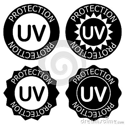 UV protection icons. UV light disinfection. Ultraviolet germicidal irradiation. Badge for sun protection cosmetic products. Cartoon Illustration