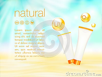 UV protection. Sunblock ads template, sunscreen and sunbath cosmetic products design. 3d vector illustration. Sunny Vector Illustration