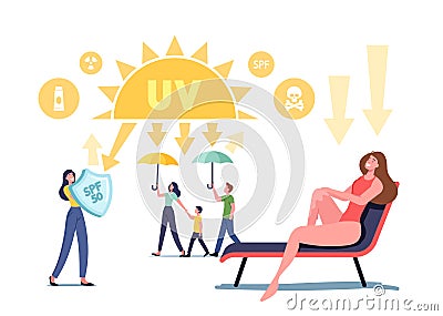 Uv Radiation, Solar Ultraviolet Protection Concept. Characters with Shields Reflect Sunlight, Family Walk with Umbrella Vector Illustration