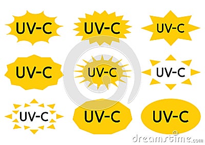 UV sterilization stamp. Sanitation device information sign. UV radiation, solar ultraviolet icons. Antimicrobial UVC Light Stock Photo