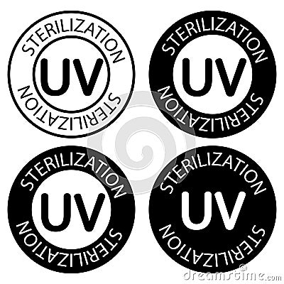 UV sterilization stamp. UV light disinfection. Badge set for ultraviolet sterilization. Ultraviolet germicidal irradiation. Cartoon Illustration