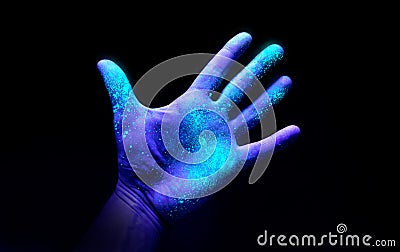 Ultraviolet Light On a Hand Showing Bacteria Growth Stock Photo