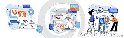 UX design metaphor. Designing software, endeavor where user interface is key player User interface, connecting Vector Illustration