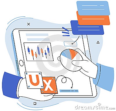 UX design metaphor. User interface, bridge connecting users with software UX UI design, recipe for crafting software Vector Illustration