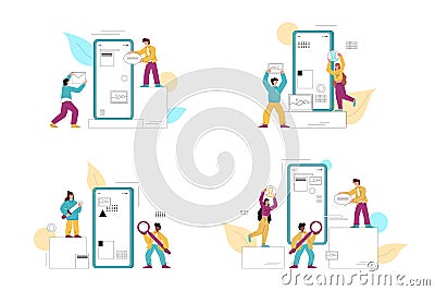 Ux design process. People abstract characters research user experience using mobile app on smartphone. Flat vector. Vector Illustration