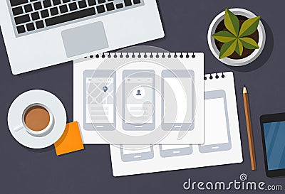 UX designer desk with mobile app wireframes Cartoon Illustration