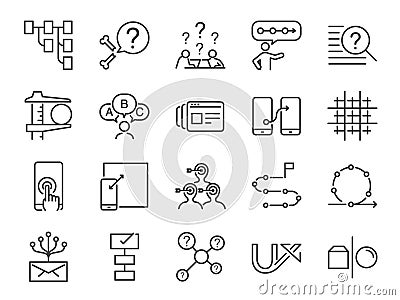 UX icon set. Included the icons as user experience, flow, prototype, agile, grid system, target, solution, procedure and more Vector Illustration