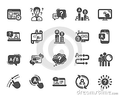 UX icons. Set of AB testing, Journey path map and Question mark icons. Vector Vector Illustration