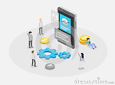 UX or UI design concept. People standing around device with infographic. Software group, kit for phone seo programming. Vector Illustration