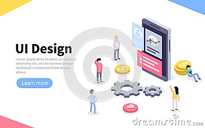 UX or UI design concept. People standing around device with infographic. Software group, kit for phone seo programming. Vector Illustration